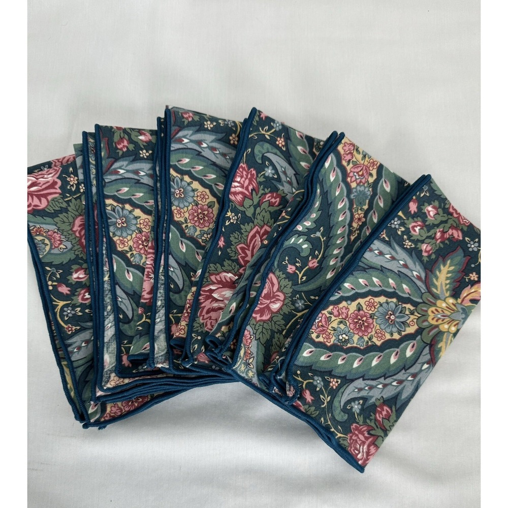 Vtg Cloth Napkins 6 Laura Ashley Blue Rose Green 16.5" Square Cottage